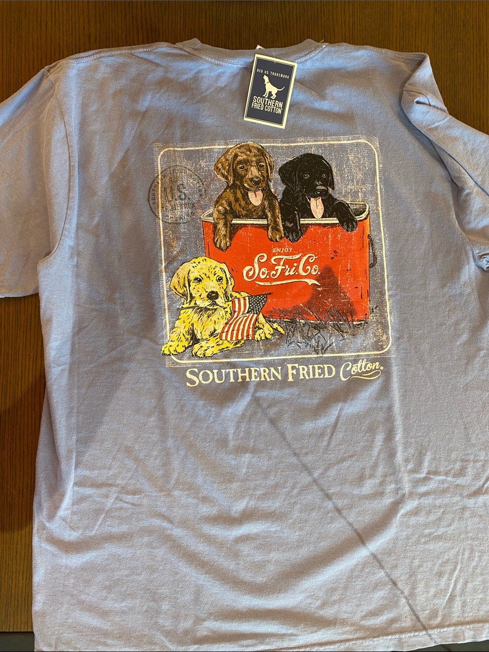 Southern Fried Cotton Puppy Graphic Tee in Light Blue with Red & Yellow Accents